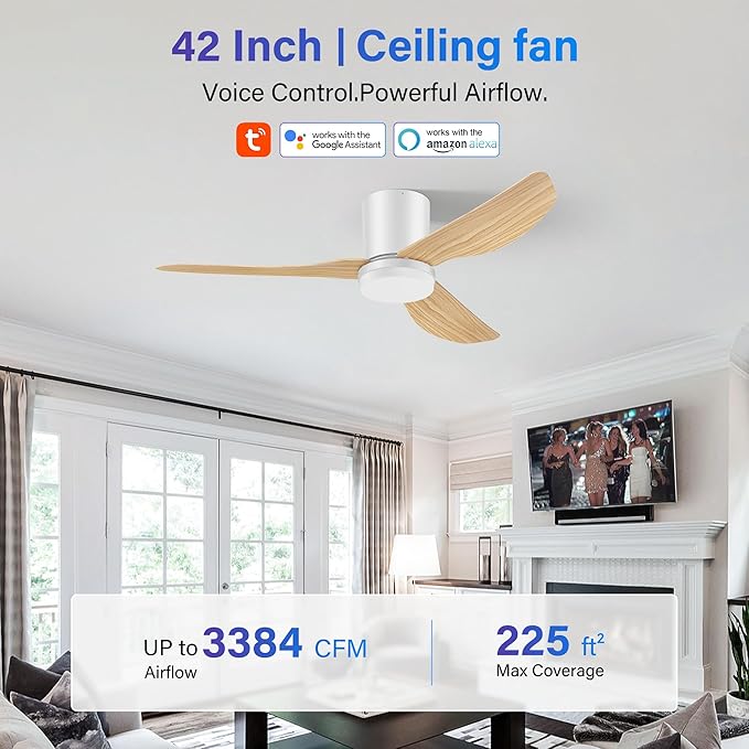 42 Inch Smart Ceiling Fans with Lights Remote,Low Profile Ceiling Fan Control with WIFI Voice Alexa App,Modern Flush Mount Fan for Small Bedroom,Patio,Porch,Outdoor Indoor,White& Wood,Quiet DC Motor