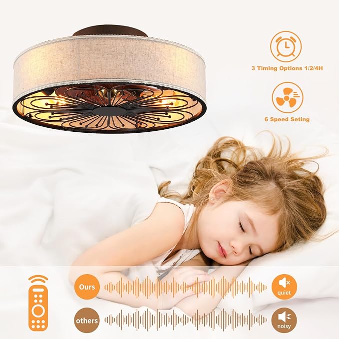 Caged Ceiling Fans with Lights Flush Mount,Low Profile Ceiling Fan with Remote,20 Inch Farmhouse White Ceiling Fan for Bedroom,6 Speeds Reversible Silent Fandalier(Include 4 Bulb)