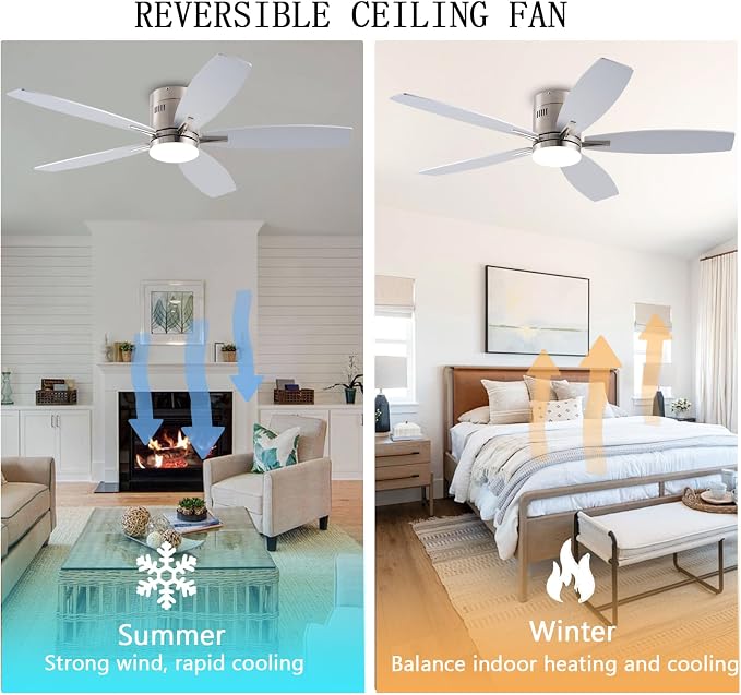 KNUN 51 inch Ceiling Fan with Light and Remote/App Control, Flush Mount Low Profile, Reversible DC Motor, Nickel Modern Ceiling Fan with Light, Dimmable,Noiseless,for Bedroom Living Room