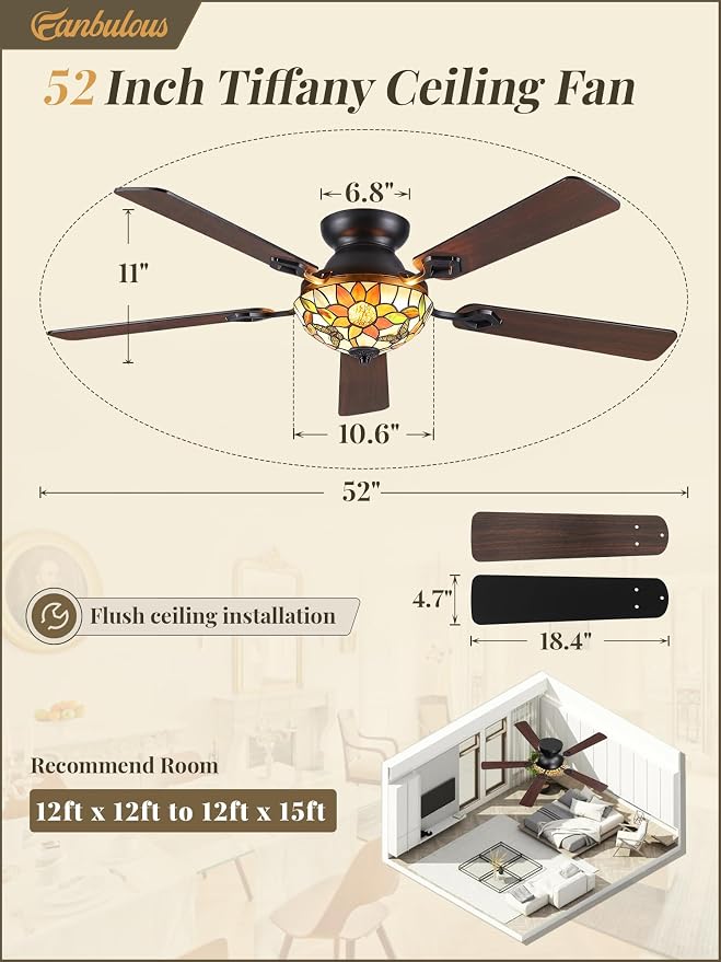 Fanbulous 52" Tiffany Sunflower Ceiling Fan, Dimmable Stepless Color LED