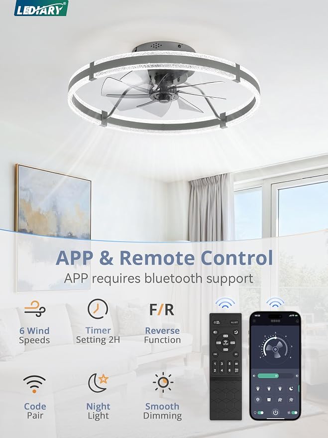 LEDIARY Ceiling Fans with Lights and Remote, 24'' Low Profile Ceiling Fan with Light, 3000-6000K Dimmable Fandelier Ceiling Fans, Modern Flush Mount Fan for Bedroom with 6 Wind Speeds- Sandy Gray