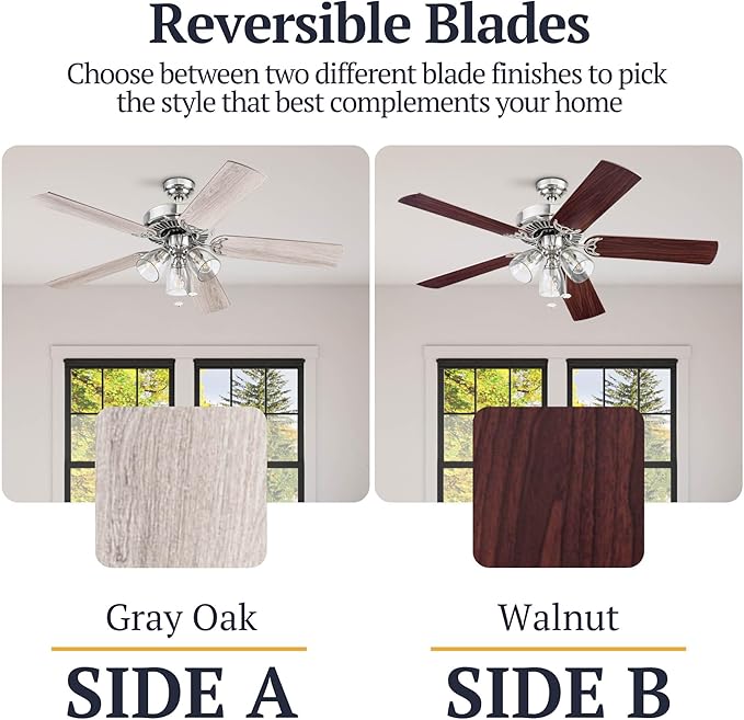 Prominence Home Saybrook Modern Farmhouse 52 Inch Ceiling Fan with Light, LED Ceiling Fan, Tri-Mount Indoor Fan with 5 Blades, Gray Oak and Brown Walnut Blade Finish Options, Matte Nickel (51592-01)