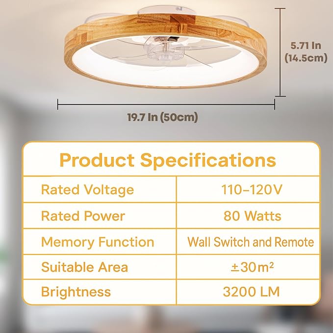 Fszdorj 20'' Ceiling Fan with Light and Remote, Low Profile Ceiling Fan with Light, Dimmable Flush Mount Ceiling Fan Light, 6 Speeds Fan, App&Remote Control, Fandelier Quiet Fan for Bedroom F126