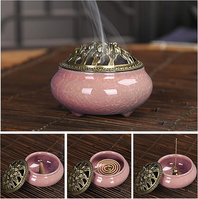 Ceramic Incense Burner with Calabash Incense Holder, 3 in 1 Stick or Cone Coil Incense Burner, Brass Lid for Yoga Spa Meditation