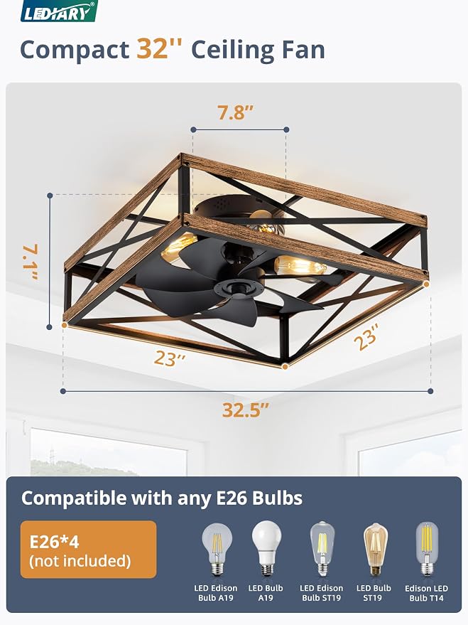 LEDIARY 23” Caged Flush Mount Square Ceiling Fans with Lights and Remote | 6 Speed and Reversible, Small Farmhouse Rustic Bladeless Ceiling Fan Low Profile for Bedroom, Kitchen, Dining Room