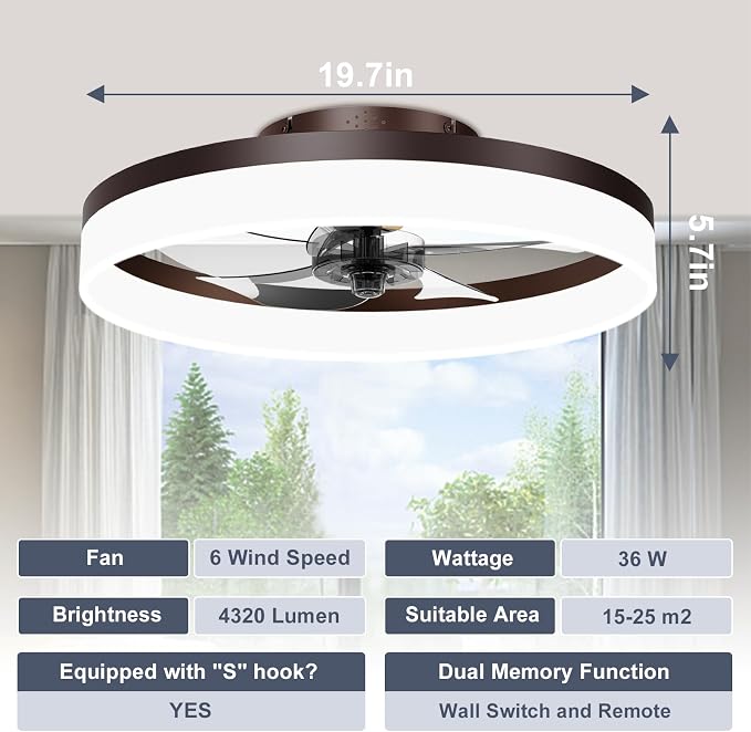 VOLISUN Low Profile Ceiling Fans with Lights and Remote, 19.7in Fandelier Ceiling Fan Flush Mount, 3000K-6500K Smart Bladeless LED Fan Light, Brown Modern Ceiling Fans with Lights for Bedroom