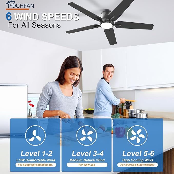 POCHFAN 52 Inch Black Ceiling Fans with Lights and Remote, Flush Mount Low Profile Ceiling Fan for Bedroom, Living Room, Patio, Dimmable 6 Speeds Noiseless Reversible, ETL Listed