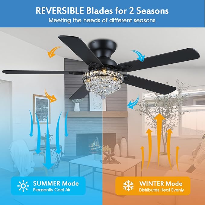GJeg Crystal Ceiling Fan Fandelier with Lights-Ceiling Fans with Remote Control,Modern Ceiling Fan with Noiseless DC Reversible Motor,Dining Room,Living Room(52" Black)