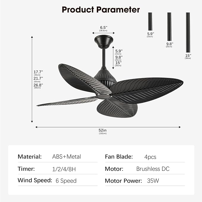 52" Black Tropical Ceiling Fans, Flush Mount Palm Leaf Ceiling Fan no Light, Indoor Ceiling Fans Without Light for Living Room Bedroom Kitchen Covered Gazebo, APP and Remote Control