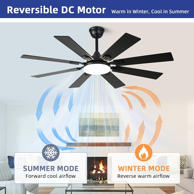52" Ceiling Fans with Lights and Remote, Black Modern Ceiling Fan with 8 Dual Finish Blades,Quiet Reversible Motor，Farmhouse Ceiling Fan with RGB Lights for Bedroom,Living Room,Patios