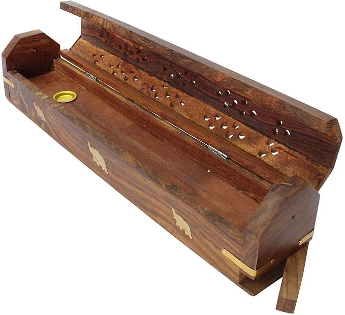 Dinil Wooden Coffin Incense Burner Handmade - 12" – Rustic Brown Finish –Elegant Design with Storage Compartment – (Elephant)