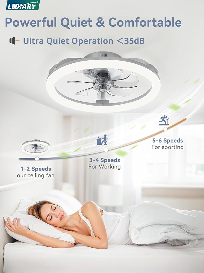 LEDIARY 20 Inch Low Profile Ceiling Fans with Lights and Remote, Dimmable Modern Fan Light(3000K-6000K), 6 Speed, Reversible, APP & Remote Control, Flush Mount Ceiling Fan for Bedroom, Grey