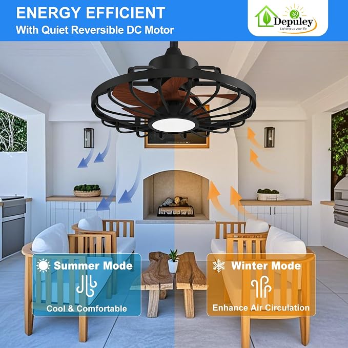 Depuley Gazebo Fans Outdoor Hanging: 20 Inch Black and Walnut Plug In Caged Outdoor Fan with Light and APP Remote Control - Waterproof Ceiling Fan for Patio Porch Pergola Reversible DC Motor