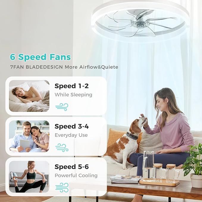 20 Inch Ceiling Fans with Lights and Remote, Flush Mount Low Profile Ceiling Fan with Light,3000K-6500K Dimmable,Modern LED Fandelier Ceiling Fan for Bedroom Living Room (White)