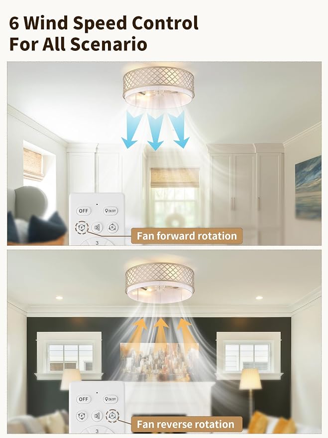 20" Gold Flush Mount Ceiling Fan with Light, Boho Ceiling Fans with Lights, Enclosed with Remote Control 6 Speeds for Living Room, Bedroom, Nursery