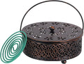Portable Mosquito Coil Holder, hogardeck 6.3" Round Fireproof Metal Mosquito Incense Holder with Handle, Retro Hollow Incense Burner Yard Art for Lawn Garden Patio (Bronze, 1 Pack)
