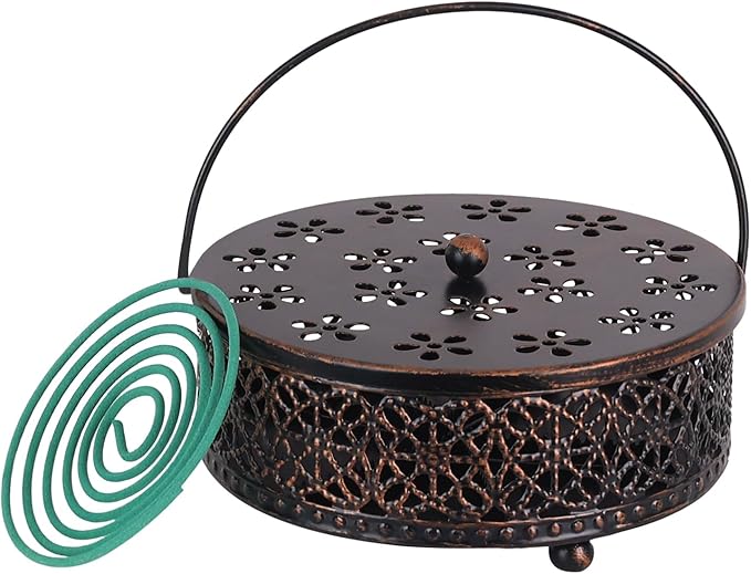Portable Mosquito Coil Holder, hogardeck 6.3" Round Fireproof Metal Mosquito Incense Holder with Handle, Retro Hollow Incense Burner Yard Art for Lawn Garden Patio (Bronze, 1 Pack)