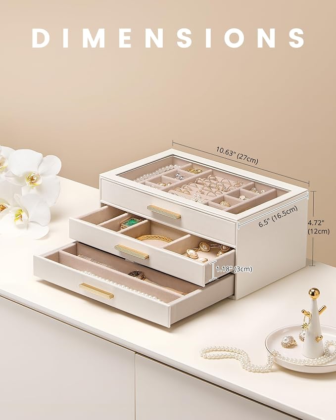 Lolalet Jewelry Box Organizer, 3-Layer Jewelry Organizers and Storage Case with Glass Lid, Ring Earring Bracelet Necklace Holder Organizer, Mothers Day Gifts for Mom, Women Girls -3Layer, Beige