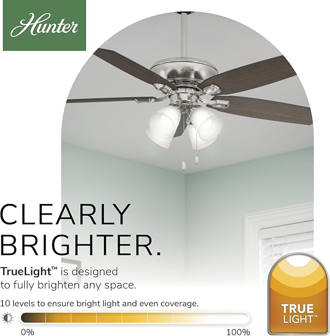 Hunter Amberlin, Indoor, Ceiling Fan, Pull Chain, 52 inch, Brushed Nickel | with LED Lights, Standard Mount, 5 Blades, For Bedroom, Living Room, Includes Bulbs, 53216