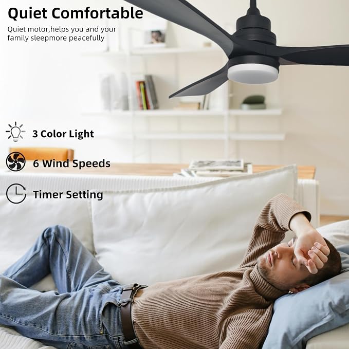 52-inch solid wood ceiling fan with light, black ceiling fan with light and remote control, 2 downrods, reversible DC motor, 3 blades, suitable for indoor, outdoor, rooms and living rooms
