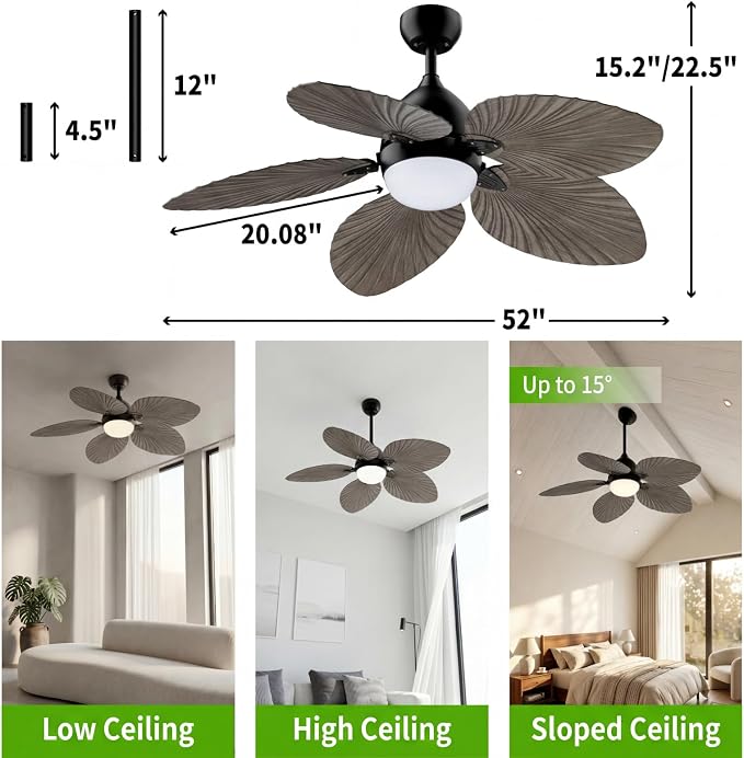 52" Modern Tropical Ceiling Fan with Light and Remote for Bedroom | LED Dimmable Tri-Color Temperature, 5 Blade Ceiling Fans Reversible, 6 Speeds w/Quiet DC Motor, living room, bedroom, kitchen