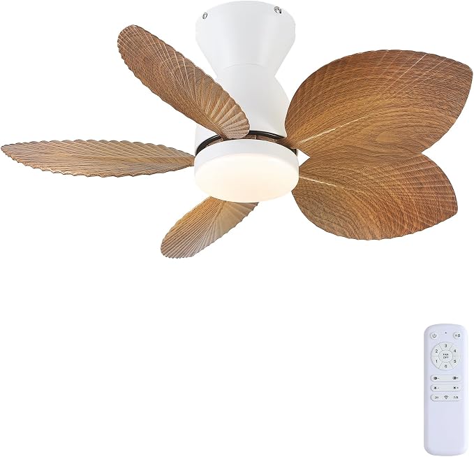 Kviflon Tropical Ceiling Fans with Lights and Remote Control, 30 Inch Low Profile Flush Mount Ceiling Fans, Palm Leaf Ceiling Fan with Light for Small Room Indoor Outdoor, Wood Grain