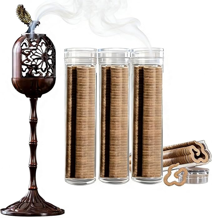 Chinese Incense Burner Incense Holder Set with Incense Sticks and Coils 3 Scents Natural Incense Gift Set Vintage Handcarved Incense Holder for Yoga, Meditation, Home Decor & Aromatherapy