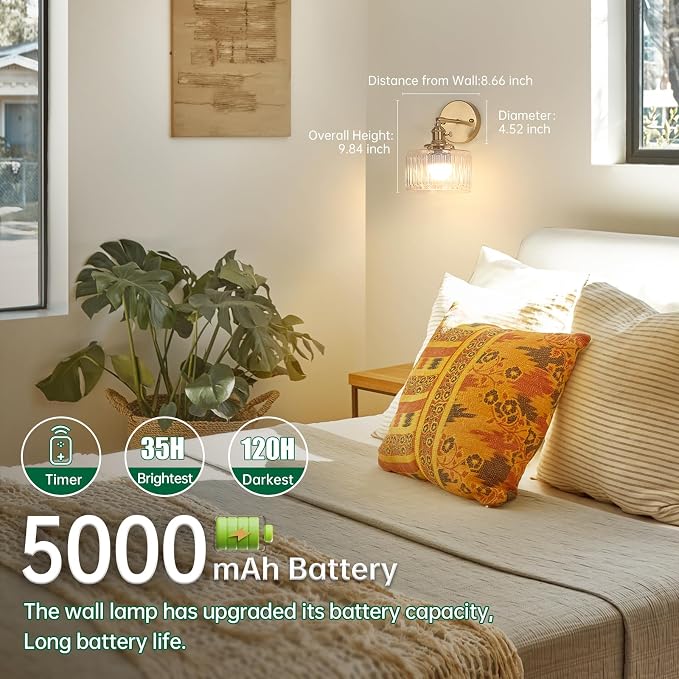 Shenmoyl Vintage Battery Operated Wall Sconce with Clear Striped Glass Lampshade 5000 mAh Rechargeable Battery Powered Wall Light with Remote Control for Bedside Bedroom Doorway