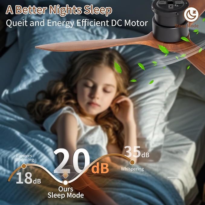 52" Low Profile Ceiling Fan, Flush Mount Ceiling Fan with Lights Remote Control, DC Motor with Wood Blades, 6-Speed & Timer for Bedroom/Living Room/Walnut Wood