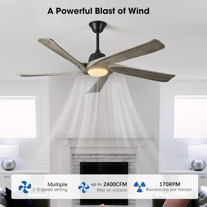 60" Solid Wood Ceiling Fan with Lights, Remote and APP Control, 3-color Dimmable LED, 6-speed Reversible, Modern Ceiling Fans for Bedroom, Living Room, Outdoor/Indoor, Greywood