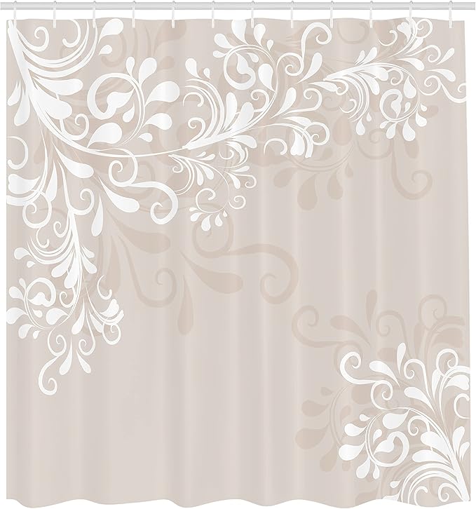 Ambesonne Oriental Shower Curtain, Floral Ivy Swirls and Leaves Abstract Modern Frame Like Artwork Image, Cloth Fabric Bathroom Decor Set with Hooks, 69" W x 84" L, White Cream