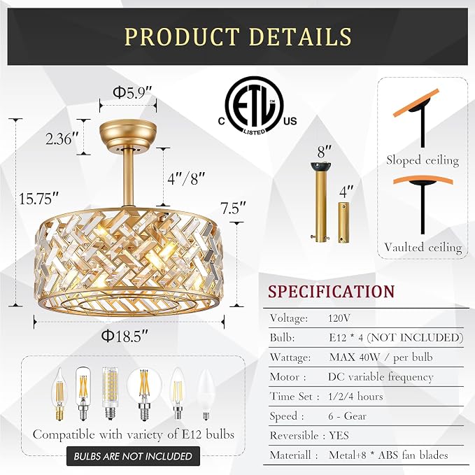 CATINER Gold Crystal Caged Ceiling Fans with Light, 18" Bladeless Ceiling Fan with Remote Control, 6 Speed Enclosed Ceiling Fan with Reversible Motor for Bedroom Kitchen Living Room