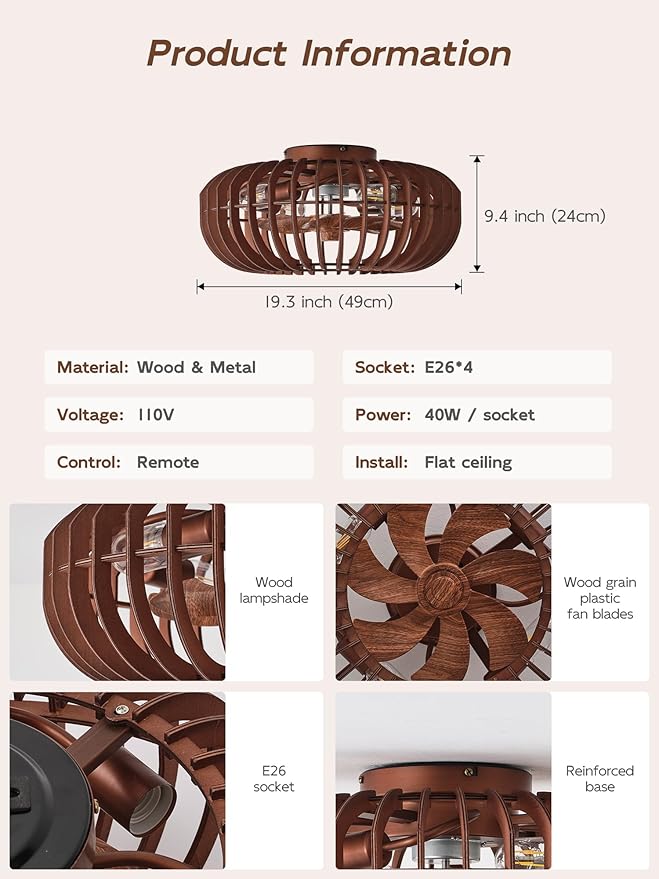 20" Wood Ceiling Fans with Lights Flush Mount, Caged Farmhouse Rustic Ceiling Fan with Light Remote Control, Wooden Low Profile for Bedroom, Living Room, Nursery