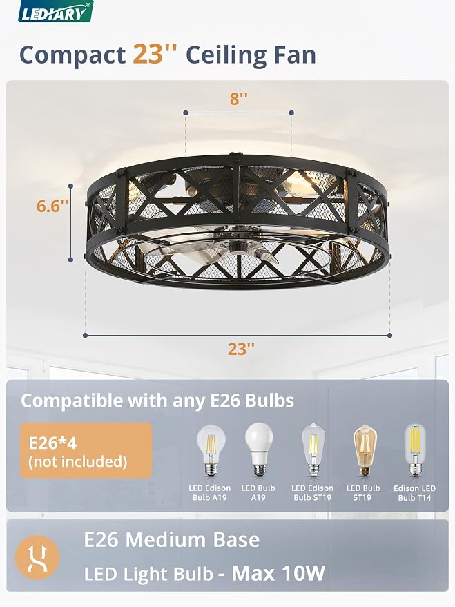 LEDIARY 23" Caged Ceiling Fan with Light, APP&Remote Control, Large Flush Mount Modern Fan Lights, Low Profile Rustic Bladeless Ceiling Fan Fixtures for Bedroom, Kitchen-Black Color