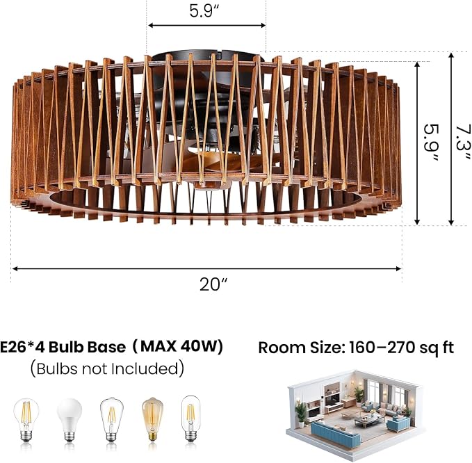 20" Flush Mount Caged Ceiling Fan with Light, Farmhouse Low Profile Ceiling Fan with Remote, Wooden Fandelier 6 Speed Quiet DC Motor, Reversible Chandelier Ceiling Fan for Bedroom Kitchen Living Room
