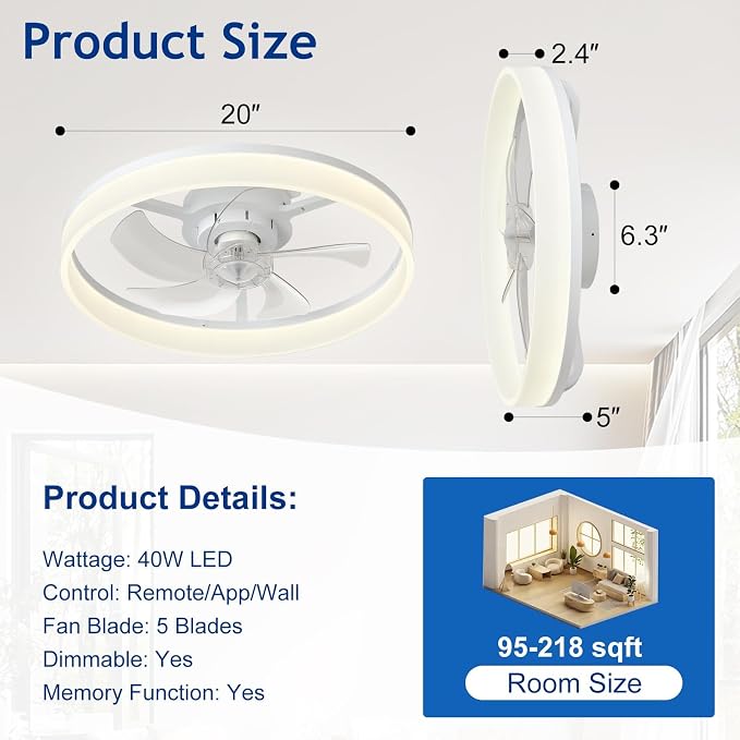 DLLT Low Profile Ceiling Fan: 20" Modern Flush Mount Ceiling Fans with Lights for Bedroom - White LED Bladeless Fandelier with APP Remote Control 3000K-6500K Quiet DC Motor for Kids Room Kitchen Loft