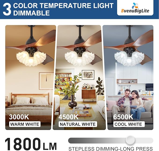 Ceiling Fans with Lights and Remote: 42-Inch Ceiling Fan 3 Blades Flower Low Profile Outdoor - Walnut Ceiling Fans with Remote Control Quiet Reversible DC Motor for Living Room