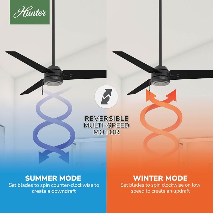 Hunter Cassius, Outdoor or Indoor, Ceiling Fan, 52 inch, Matte Black | No Light, Standard Mount, Pull Chain, 3 Blades, For Living Room, Patio, Porch, Garage, 59264