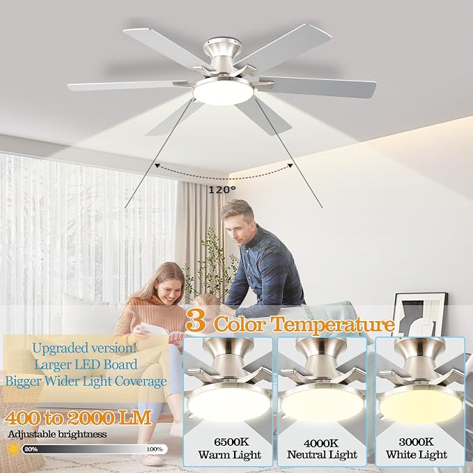 Ceiling Fans with Lights,54 Inch Low Profile Ceiling Fan with Light and Remote Control,6 Speeds/6 Blade,Flush Mount,LED Dimmable DC Reversible Modern, Nickel Ceiling Fan for Bedroom/Living Room