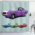 Ambesonne Manly Shower Curtain, American Muscle Car History Auto Sport Roadster Competition Generation, Cloth Fabric Bathroom Decor Set with Hooks, 69" W x 70" L, Purple Green Blue