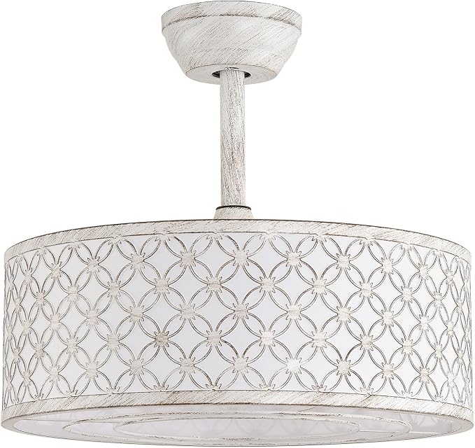 White Fandelier Ceiling Fan with Light, 20" Caged White Chandelier Ceiling Fans with Lights Remote Control, Fabric Mid-Century Modern with 6 Speeds for Bedroom, Nursery, Living Room.