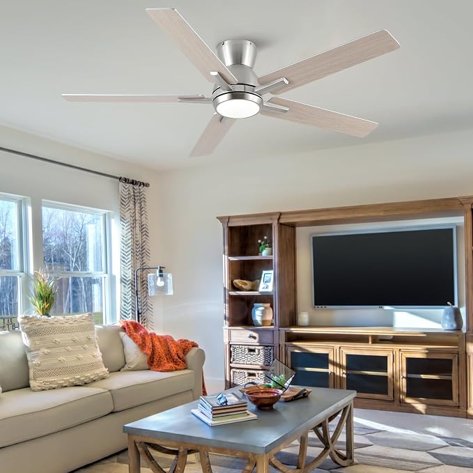 52'' Brushed Nickel Flush Mount Ceiling Fan with Light & Remote, ETL Listed | 6 Speed, Quiet DC Motor, 3-Level Timer Function, 3 Color Temperature, Forward/Reserve For all Seasons, Indoor/Covered Outdoor