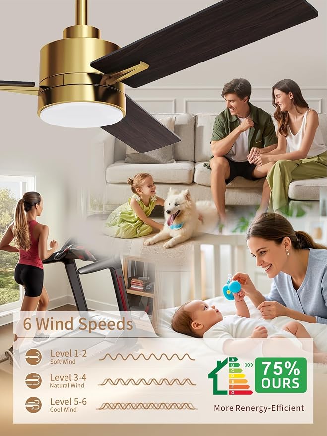LANMEL 42'' Black and Gold Ceiling Fans with Lights and Remote, 6 Speed Low Profile Modern Ceiling Fan with Quiet DC Motor for Indoor Outdoor Bedroom Living Room