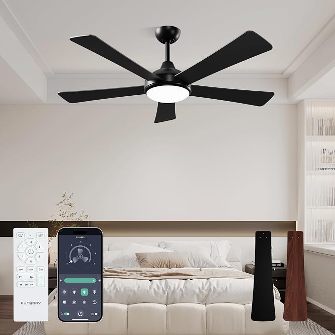 Black Ceiling Fans with Lights and Remote - 52 Inch Ceiling Fan with Light, Quiet Reversible DC Motor, Dimmable Tri-Color LED, 5 Blades Indoor/Outdoor Ceiling Fans for Patios Bedroom,