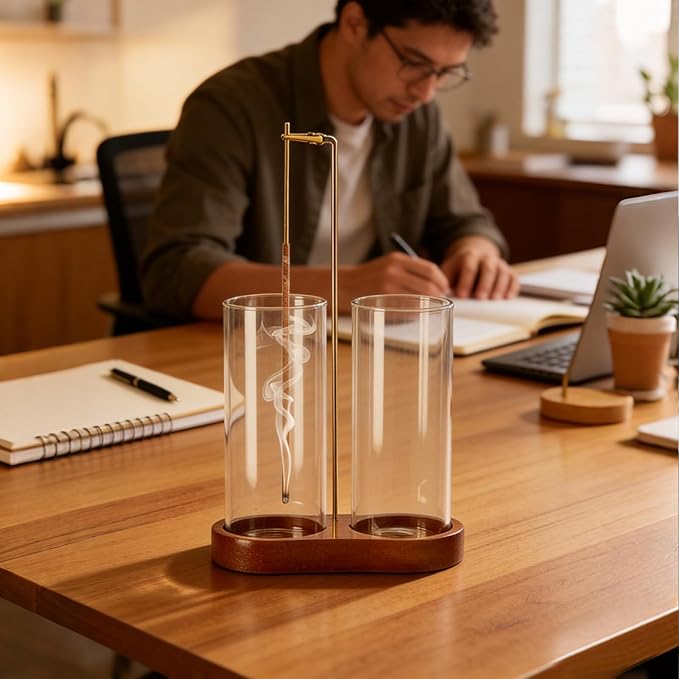 Incense Holder with 2 High Glass Bottle,Wooden Base Incense Stick Holder for Desktop,Incense Burner for Ash Collection,Ash Container (Wood)