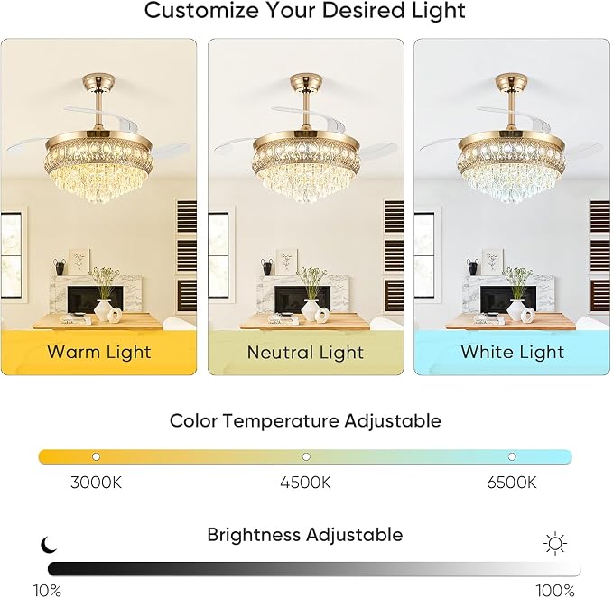 42" Fandelier Ceiling Fan with Light, Crystal Retractable Ceiling Fan with Lights and Remote, Chandelier Fans for Bedroom Living Room, Reversible DC Motor, Dimmable, 6 Speeds -Gold