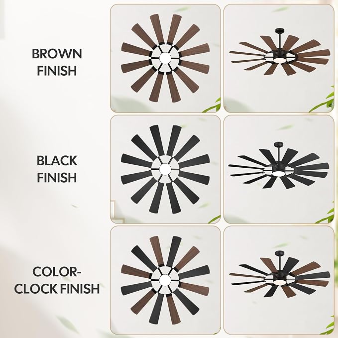 72'' Farmhouse Ceiling Fan with Light,12 Dual-Finish Wind Mill Blades, 3 Downrods, 6-Speed Reversible DC Motor, High CFM, 3CCT, Indoor Outdoor Industrial Fan for Patio Commercial Shop Garage
