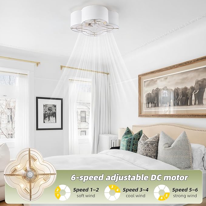 Caged Ceiling Fan with Light, Boho Flush Mount Ceiling Fan with Lights Remote Control, Rattan with 6 Speeds for Bedroom, Living Room, Foyer, Nursery