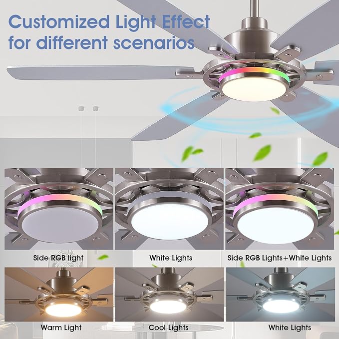 SHIHOT 54" Modern Sand Nickel 6-Blade RGB Ceiling Fans with Lights & Remote | 14 RGB Modes ,6 Wind Speeds, Reversible, Dimmable 3 CCT LED, 30W Quiet DC Motor,6 Double-Sided Blades,for Bedroom Kidsroom