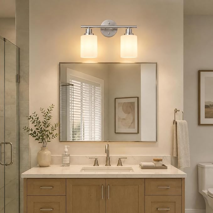 Unicozin 2 Light Bathroom Light Fixtures, Modern Vanity Lights with Milky White Glass Shade, Brushed Nickel Wall Lamp Over Mirror for Bathroom, Living Room, Cabinet, Bedroom, E26 Base